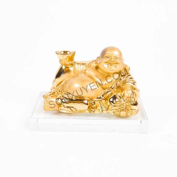 Phật di lặc mạ vàng cầm thoi vàng có túi càn khôn kệ kính cao 8, rộng  12