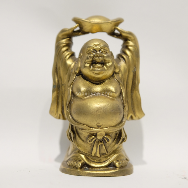 Phật di lặc đứng dâng thoi vàng bằng đồng cao 9 cm rộng 6 cm