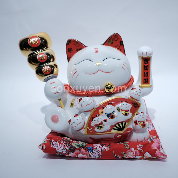 Mèo sứ phúc lộc song toàn tay cầm sâu vàng cao 22cm dài 27 cm rộng 18 cm