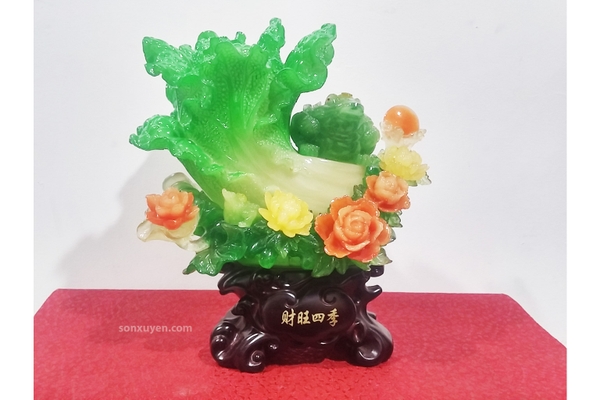 Cây bắp cải & hoa mẫu đơn phú quý phong thủy, cao 31 cm rộng 27 cm