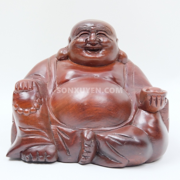 Phật di lặc cầm thoi vàng bằng gỗ đào cao 12 cm rộng 15,5 cm