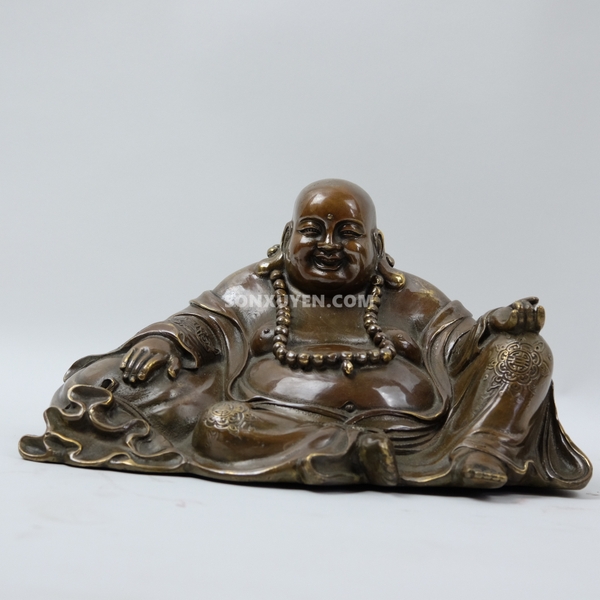 Phật di lặc dáng ngồi bằng đồng màu thời gian cao 15 cm rộng 28 cm