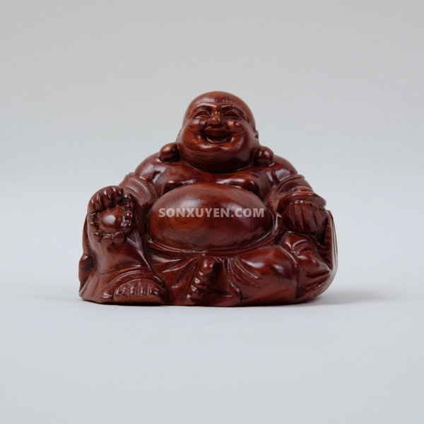 Phật di lặc ngồi cầm thoi vàng bằng gỗ đào cao 8 cm rộng 10 cm