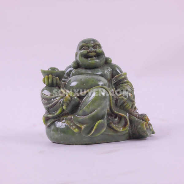 Phật di lặc ngồi trên túi càn khôn cầm thoi vàng cao 11cm rộng 11,5 cm