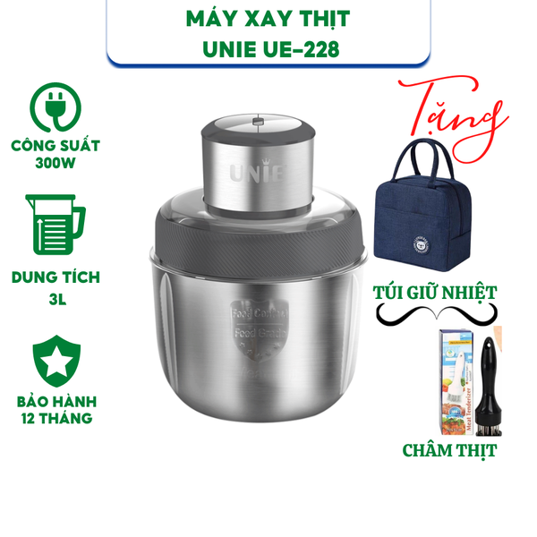 Máy Xay Thịt, Máy Xay Đa Năng UNIE UE-228 - 3 Cối Inox 304 - 2 Lưỡi Xay (Bảo Hành 12 Tháng)