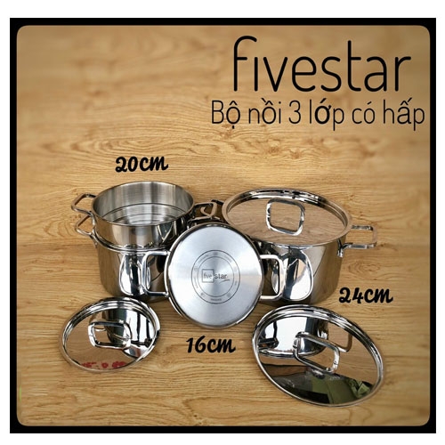 Bộ nồi xửng hấp Fivestar inox 304 3 lớp đúc liền nắp inox - Đun được bếp từ - HÀNG CHÍNH HÃNG