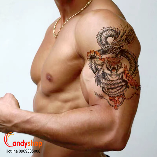 Hình xăm dán tattoo rồng đẹp kín lưng trắng đen 34x48cm tặng bắp tay xinh  15x21cm