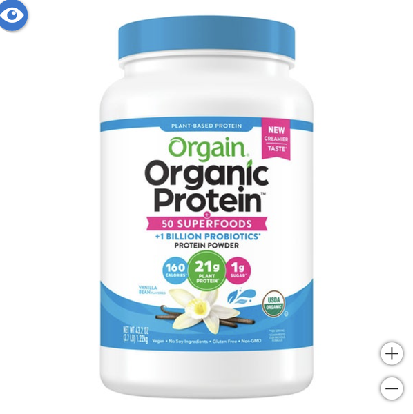 Bột Protein hữu cơ Orgain Organic Protein and Superfoods Plant Based Protein Powder, Vanilla Bean, 2.7 lbs (1.22kg hộp nắp xanh dương)