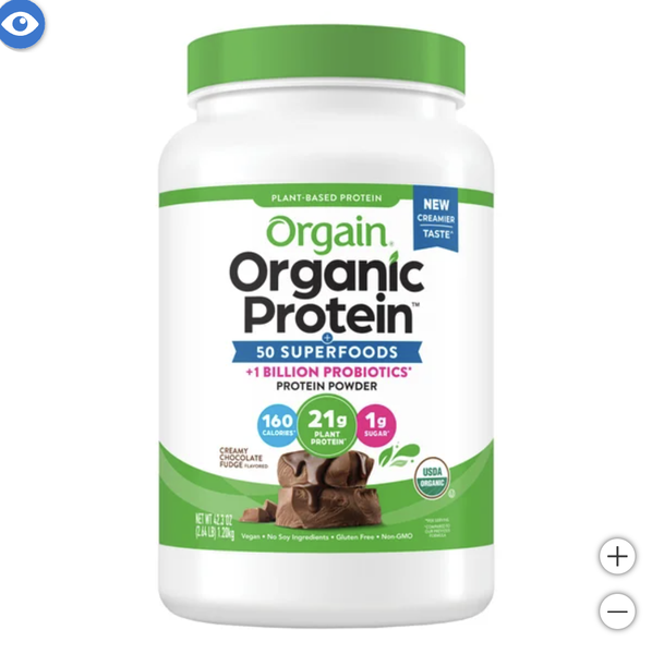 Bột Protein hữu cơ Orgain Organic Protein and Superfoods Plant Based Protein Powder, Creamy Chocolate Fudge, 2.64 lbs (1.2kg hộp nắp xanh lá)