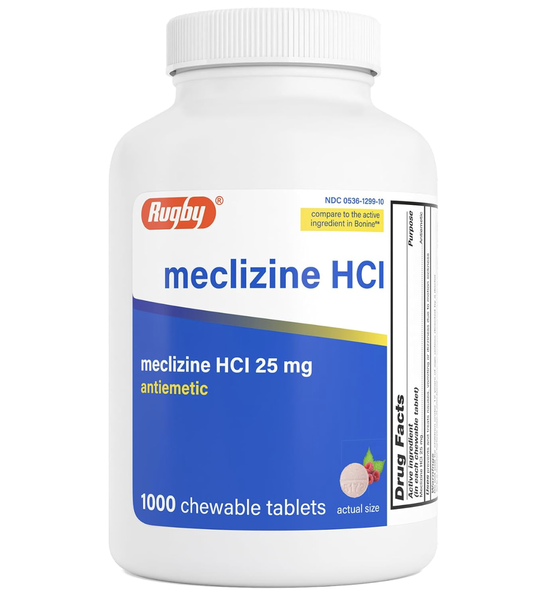 Viên uống chống buồn nôn, giảm say tàu xe Rugby Meclizine 25mg 1000 viên dạng viên nhai
