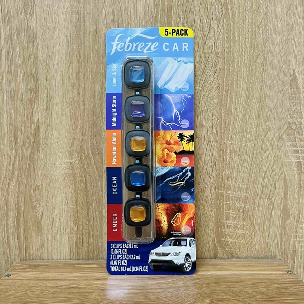 Kẹp nước hoa khử mùi xe hơi Febreze Car, set 5 cái x2ml (Linen & Sky, Midnight Storm, Hawaiian Aloha, Ocean and Ember Scents.)