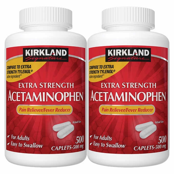 Viên uống giảm đau, hạ sốt Kirkland Signature Extra Strength Acetaminophen 500 mg., 500v x 2 hũ (cặp màu đỏ).