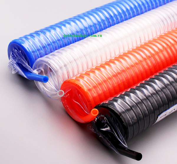 ng khí xoắn nhiều kích thước, phụ kiện khí nén PU, dây dẫn khí xoắn