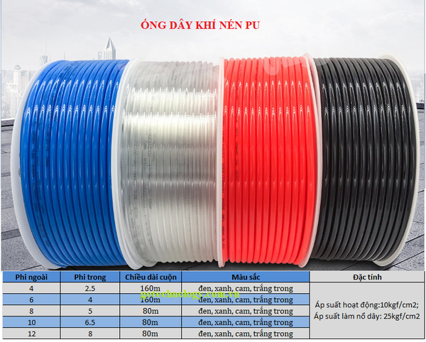 Ống dây khí nén PU phi 4,6,8,10,12mm màu đen