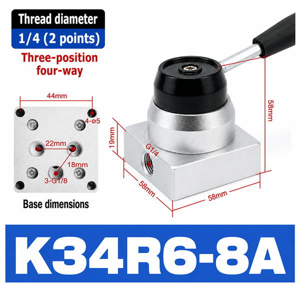 Van gạt tay, Zonye,Van gạt tay K34R6-8D 3 vị trí 4 cửa,van K34R6-8D, Thông số kỹ thuật van gạt tay K34R6-8D, Van khí nén K34R6-8D cổng G1/4, Van K34R6-8D, K34R6-8, K34R6-8D, K34R6-8L, K34R6-8A