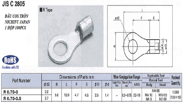 Đầu cốt tròn/ đầu cos tròn NICHIFU dòng R0.75-3/3.5