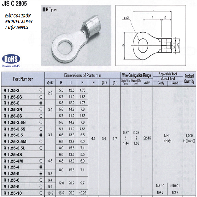 Đầu cos tròn/ đầu cốt tròn Nichifu dòng R1.25-2/3/4/5/6/8/10