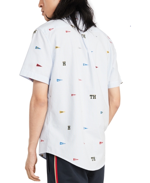 Áo sơ mi nam Tommy Hilfiger tay ngắn sọc xanh phối chữ