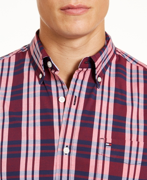 Áo sơ mi nam Tommy Hilfiger tay dài đỏ đô phối trắng mờ