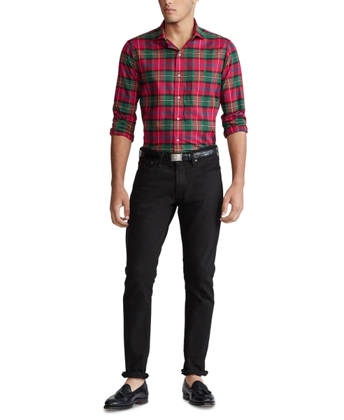 Áo sơ mi Nam Polo Ralph lauren tay dài caro xanh lá đỏ đô with logo xanh đen
