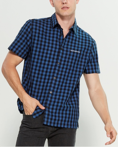 Áo sơ mi nam calvin klein Jeans tay ngắn caro xanh đen vạt ngang