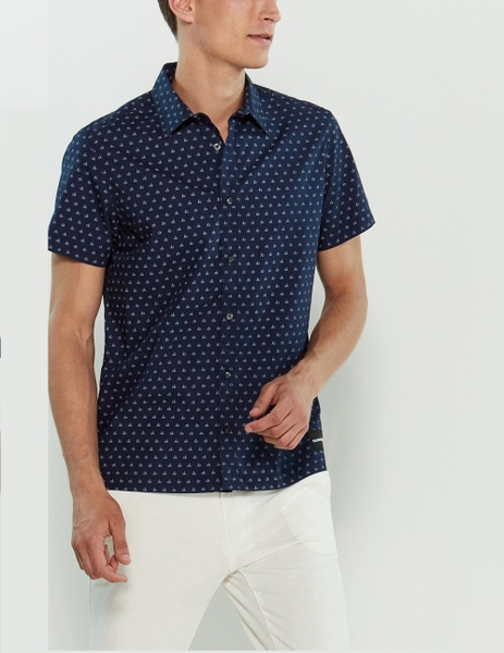 Áo sơ mi nam calvin klein tay ngắn xanh navy logo chữ CK vạt ngang