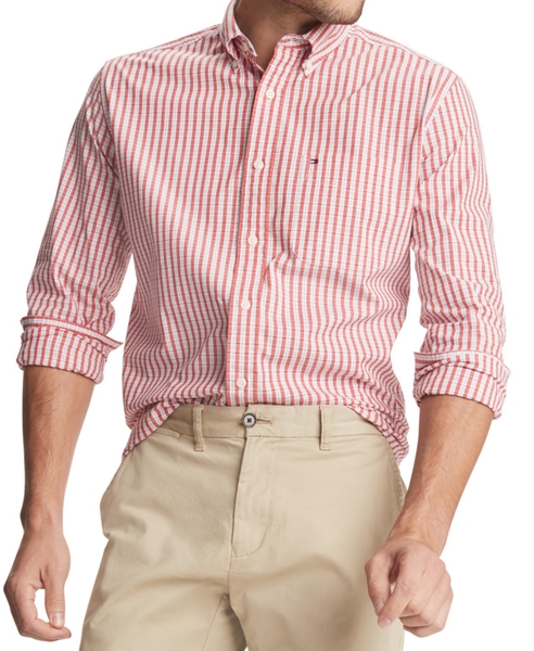 Áo sơ mi nam Tommy Hilfiger tay dài chấm bi trắng đỏ nềm xanh đỏ
