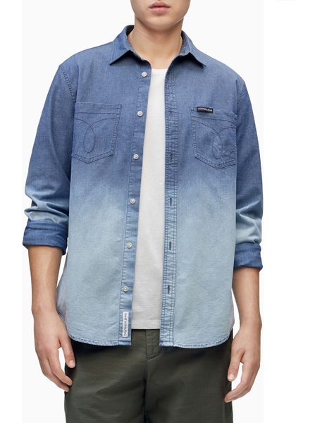Áo sơ mi nam calvin klein jeans xanh jeans wash tay dài logo