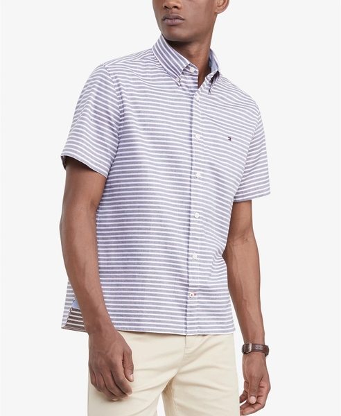 Áo sơ mi nam Tommy Hilfiger ngắn tay sọc ngang nâu đỏ