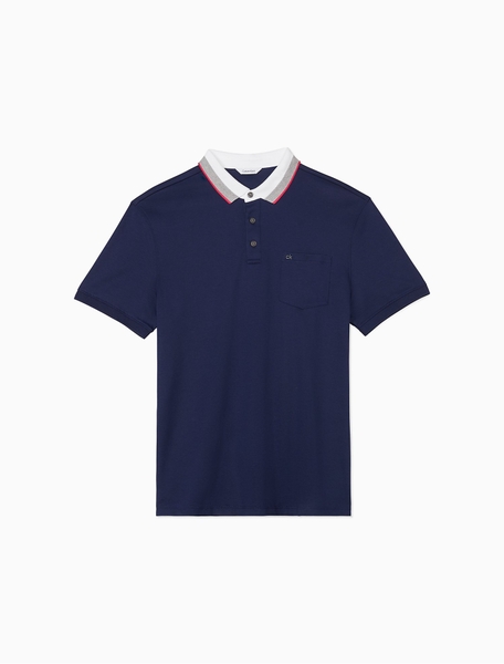 Áo thun nam calvin klein xanh navy phối cổ trắng có túi with logo