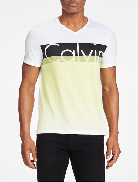Áo thun Calvin Klein - CK T.shrit không cổ trắng phối đen vàng chanh