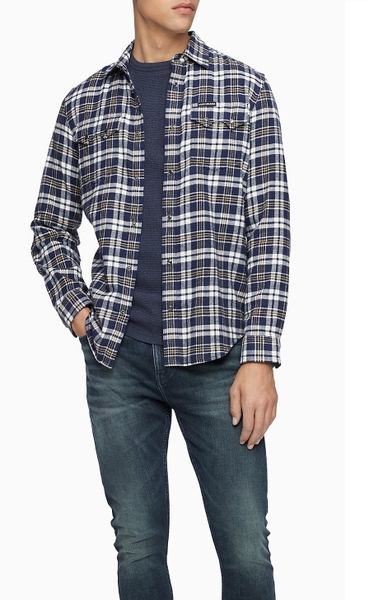 Áo sơ mi nam calvin klien jeans tay dài caro xanh navy phối trắng