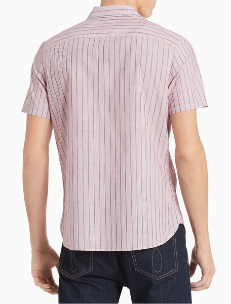 Áo sơ mi nam calvin klein ngắn tay màu gạch phối sọc có túi with logo