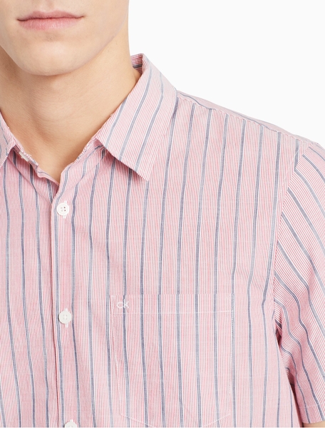 Áo sơ mi nam calvin klein ngắn tay màu gạch phối sọc có túi with logo