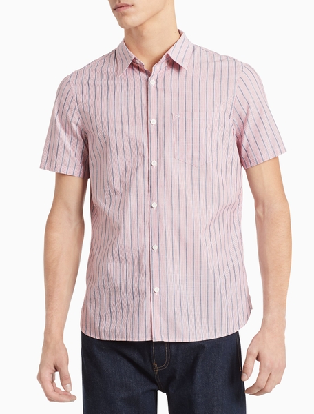 Áo sơ mi nam calvin klein ngắn tay màu gạch phối sọc có túi with logo