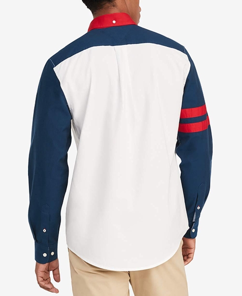 Áo sơ mi nam Tommy Hilfiger dài tay trắng phối xanh navy cổ đỏ