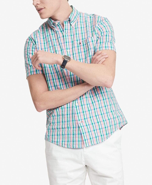 Áo sơ mi nam Tommy Hilfiger ngắn tay caro xanh lá Rose có túi