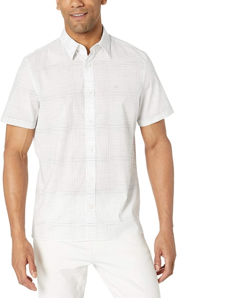 Áo sơ mi nam calvin klein tay ngắn trắng phối sọc đen nhỏ vạt ngang