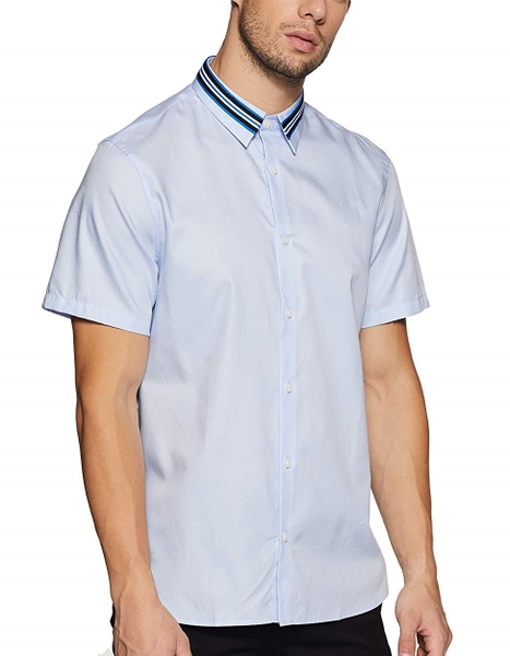 Áo sơ mi nam calvin klien ngắn tay xanh phối sọc cổ with Logo