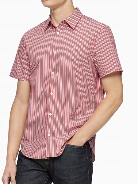 Áo sơ mi nam calvin klein tay ngắn đỏ sọc dọc trắng logo