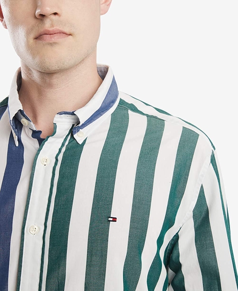 Áo sơ mi nam Tommy Hilfiger tay dài trắng sọc xanh lá dọc