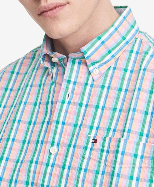 Áo sơ mi nam Tommy Hilfiger ngắn tay caro xanh lá Rose có túi