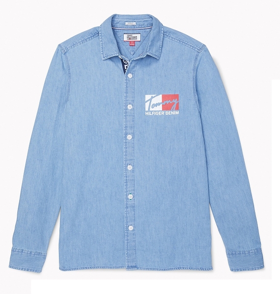 Áo sơ mi nam tommy Jeans dài tay Denim vạt ngang phối chữ