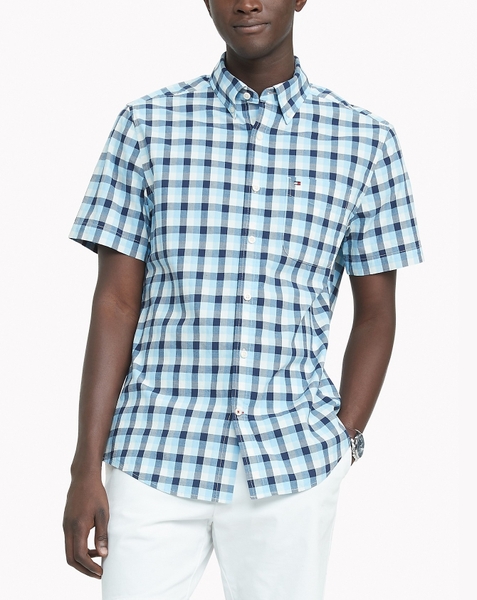 Áo sơ mi nam Tommy Hilfiger ngắn tay caro xanh trắng có túi