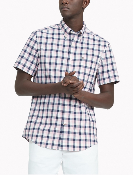 Áo sơ mi nam Tommy Hilfiger ngắn tay caro hồng nhạt trắng có túi