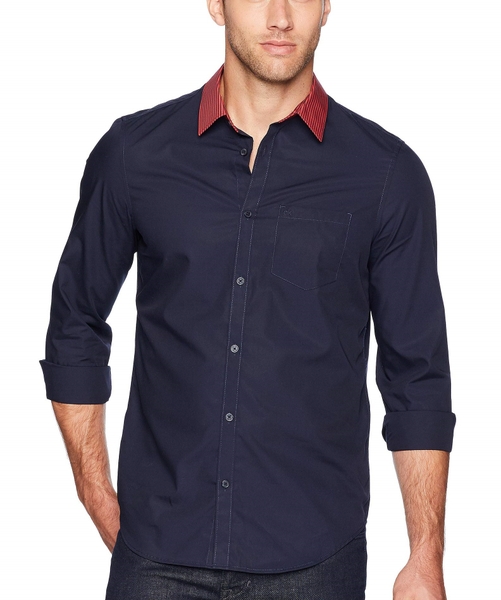 Áo sơ mi Calvin klein dài tay xanh navy phối cổ sọc đỏ