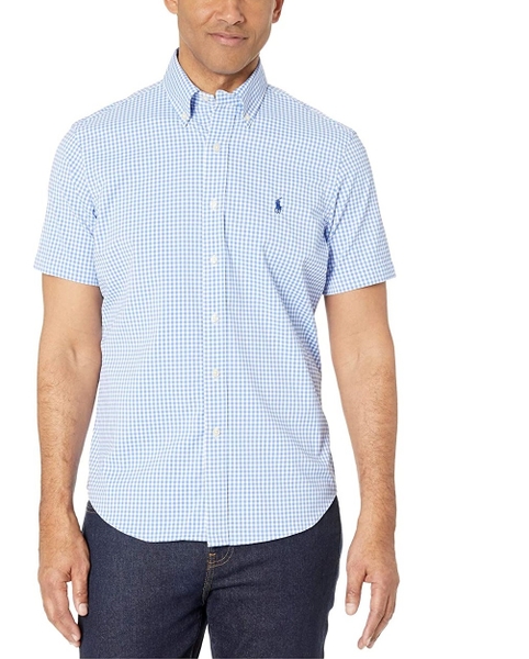 Áo sơ mi nam Polo Ralph lauren ngắn tay caro trắng xanh logo xanh