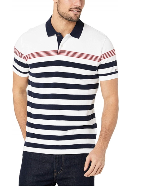Áo thun nam Tommy Hilfiger màu trắng sọc xanh phối sọc đỏ trên