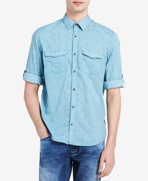 Áo sơ mi Nam dài tay - Calvin Klien Jeans nềm xanh phối lá trắng nhỏ