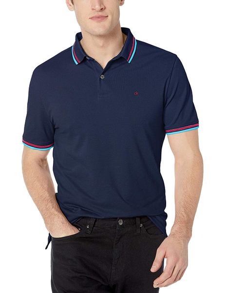Áo thun nam calvin klien xanh navy tay và cổ phối Logo CK đỏ